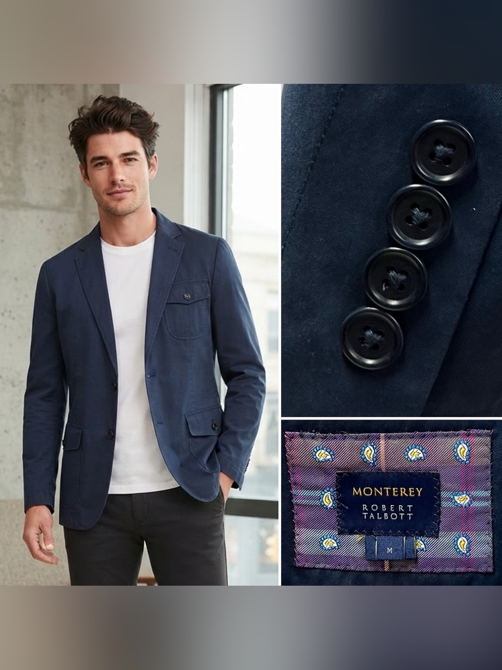 Robert Talbott Monterey Men's M Navy Blue Cotton Chino Blazer Jacket Sport Coat